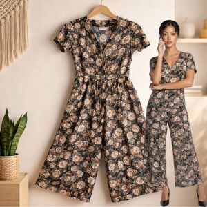 🛍️ Leslie Ashton Green floral button up wide Leg Ankle short sleeve jumpsuit Sm
